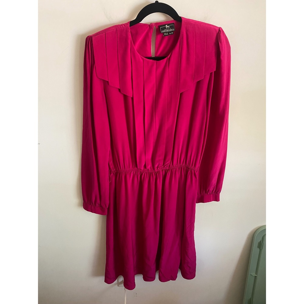 Jonathan Martin Vintage 80s Fuchsia Pink Pleated Bib Long Sleeve Dress Size 9/10